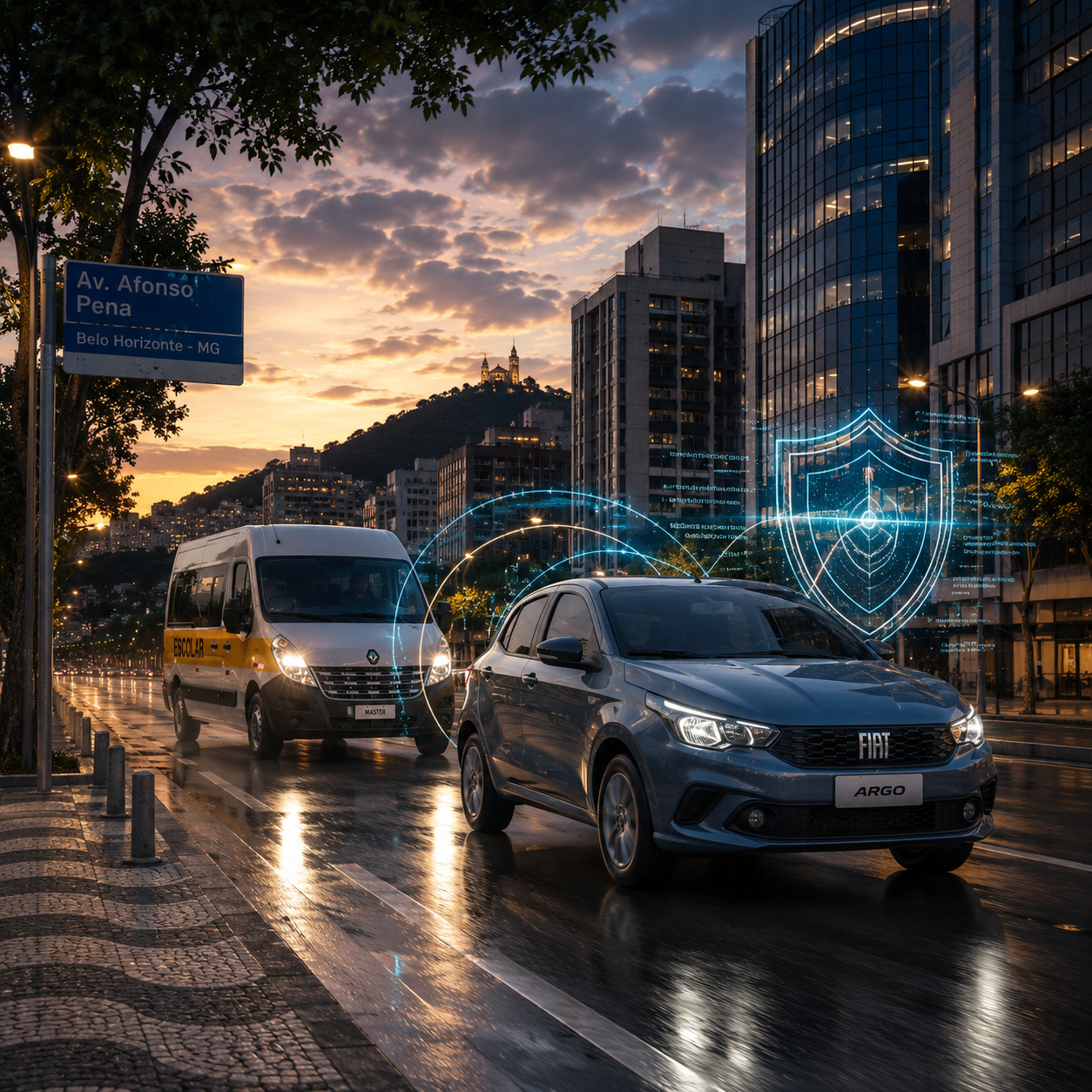 Carro moderno Fiat Argo com escudo digital de proteção veicular